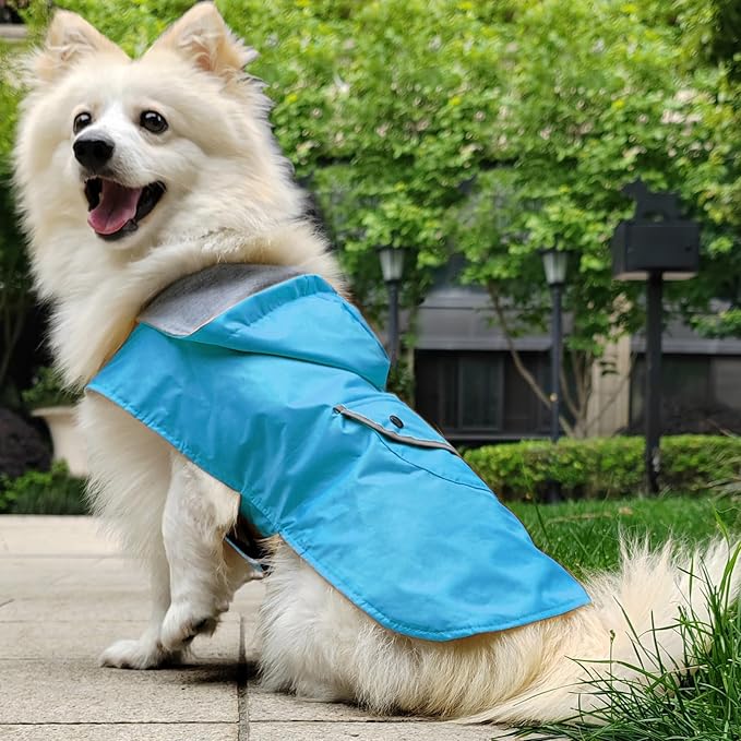 Small Dog Raincoat Dogs Rain Jacket for Puppy Reflective Poncho Rainwear Waterproof Pet Clothes Warm Lined Pocket Hooded Leash Hole Adjustable Puppy,Blue,XS,Back Length 6.3 Inch