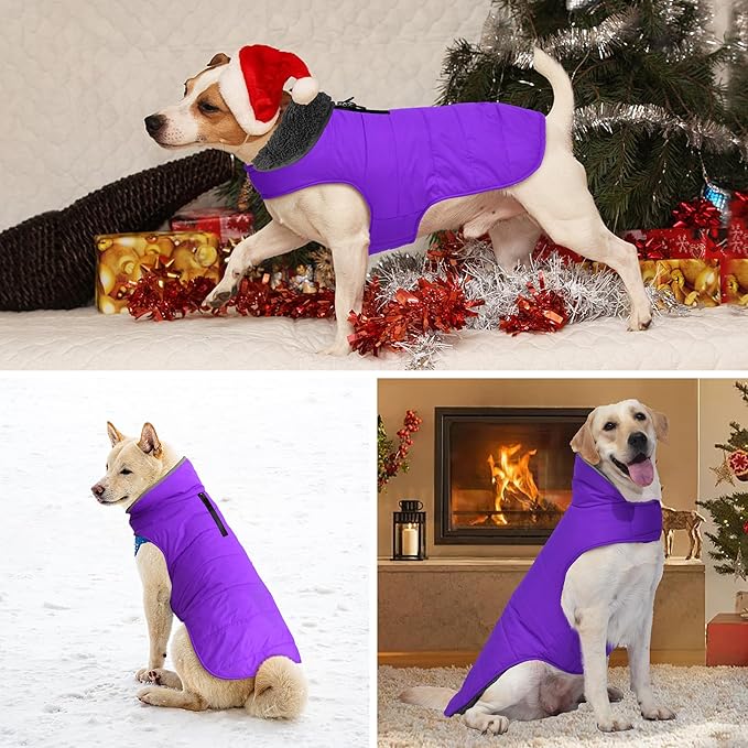 Dog Winter Coat, Waterproof Dog Jacket with Leash Hole, Reflective Adjustable Pet Snow Vest, Warm Fleece Sweater for Small Medium Large Dogs - Purple, L