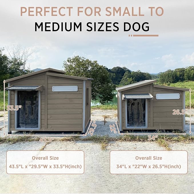 Outdoor Dog House, Weatherproof Wooden Kennel for Medium Dogs, Large Wooden Dog House with Chew-Proof Iron Frame, Removable Floor (Grey, 43.5" D x 29.5" W x 33.5" H) (Grey, 34" D x 22" W x 26.5" H)