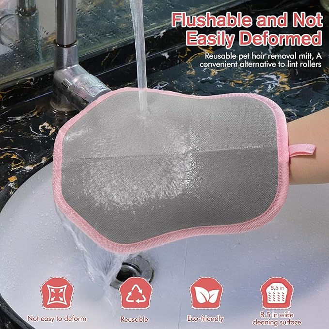 Pet Hair Removal Glove for Cats & Dogs, 2 Pcs With Hanging Hooks, Reusable Electrostatic Pet Hair Gloves, size 9.8 x 7.87 x 0.5 in, Pet Hair Glove for Clothes, Sofas, Carpets, Car Seats(Pink and gray)