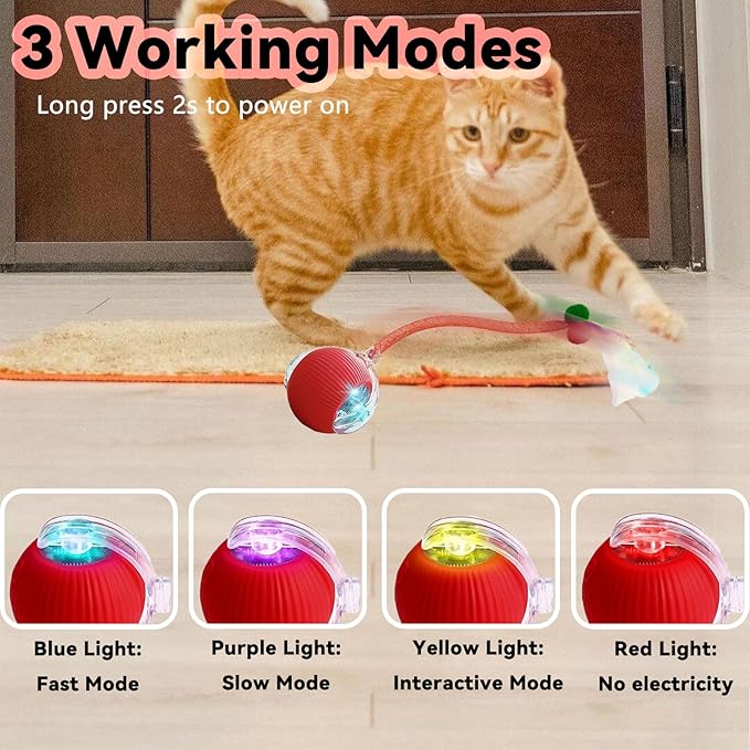 Interactive Cat Toys for Indoor Cats, Automatic Cat Toy with Elastic Mesh Tail, Electric Rolling Ball on Carpet, Chirping and Motion Activate Cat (Yellow)