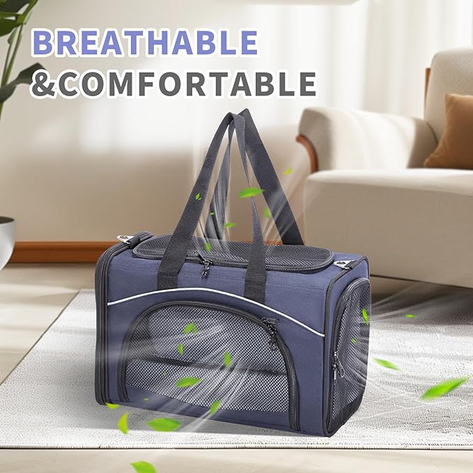 Petsfit Airline Approved Pet Carrier for Small Cats, 15x8x10 TSA Approved Carrier, with Removable Dual-Sided Padding (2-Way Placement) - Fits Under Most Airplane Seats, Escape Proof (Navy)