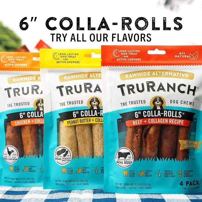 TRURANCH Collagen Rolls - 6" Collagen Rolls for Dogs - Long Lasting Healthy Joint Support - Rawhide Alternative - Skin & Coat Health - Made with Real Chicken, Value Pack, 3 Bags, 12 Count