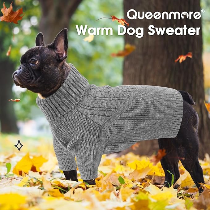 Queenmore Dog Sweater for Small Dogs, Ugly Christmas Pet Sweater, Cozy Knitted Dog Sweatshirt for Boy/Girl Puppy, Thermal Turtleneck Thick Jacket for Small Medium Large Canine - Grey, Size S