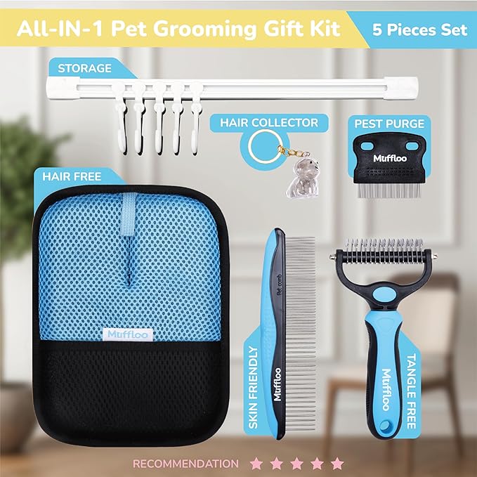All-in-1 Pet Grooming Kit for Dogs and Cats, Shedding Comb, Dematting Tool, Reusable Electrostatic Hair Removal Glove, Hair Collector Keychain