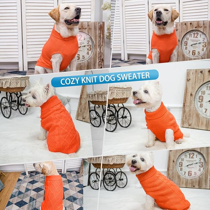 Mihachi Turtleneck Dog Sweater - Winter Coat Apparel Classic Cable Knit Clothes with Leash Hole for Cold Weather, Ideal Gift for Pet in New Year Orange, Medium/Large