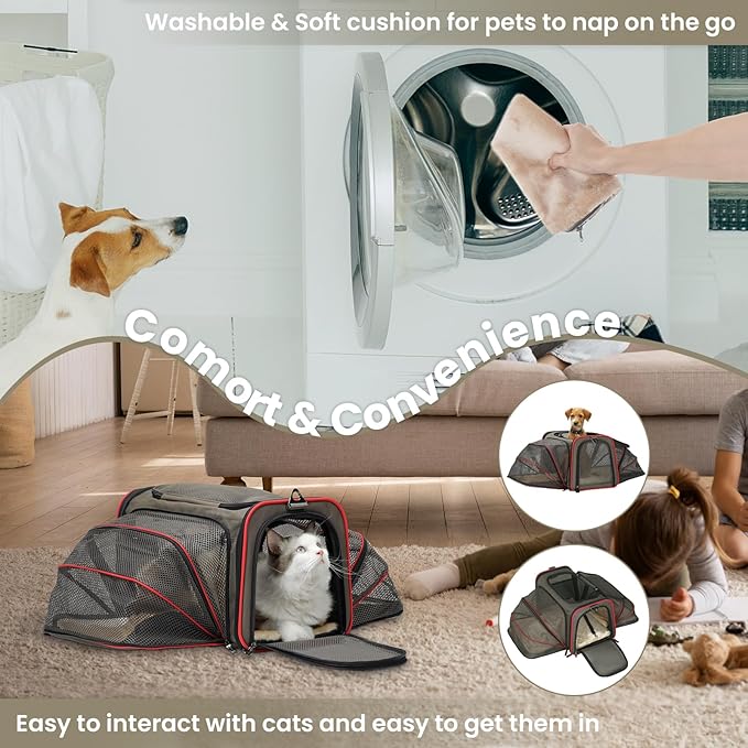 Petsfit 2 Side Expandable Pet Carrier Dog Carrier Cat Carrier for 2 Cats, 19" Lx 12" Wx 12" H, with Soft Cushion, Built-in Safety Rope, Pockets, Fit for Car Travel