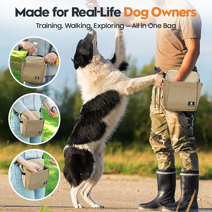 Large Capacity Dog Treat Pouch –Training Treat Bag with Magnetic Pocket, Built-in Poop Bag Holder, Clicker & Collapsible Bowl, Hands-Free Dog Walking Bag for Walking & Puppy Training - Khaki