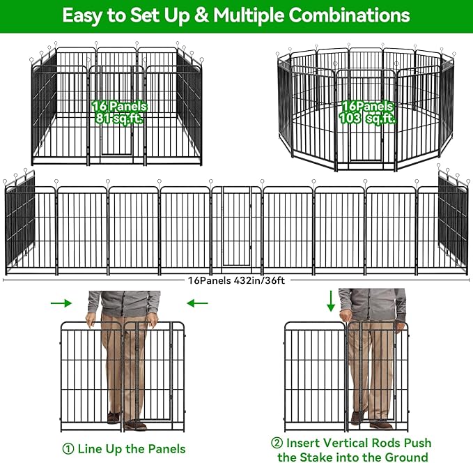 Square Steel Pipe Dog Fence Outdoor 16 Piece Panels 40" Height Anti-Rust Heavy Duty Dog Playpen with Doors Portable for Yard RV Camping, Total 36FT, 103 Sq.ft, Snowy Black