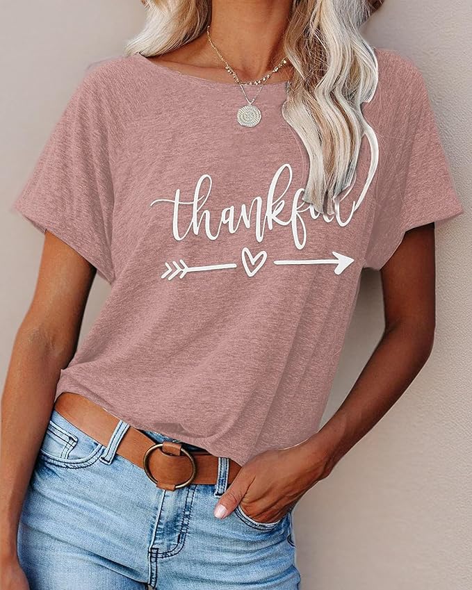 NIUBIA Women's T Shirts Summer Tops Simple Heart Graphic Shirts Sayings Short Sleeve Vacation Casual Blouse Thankful Tee