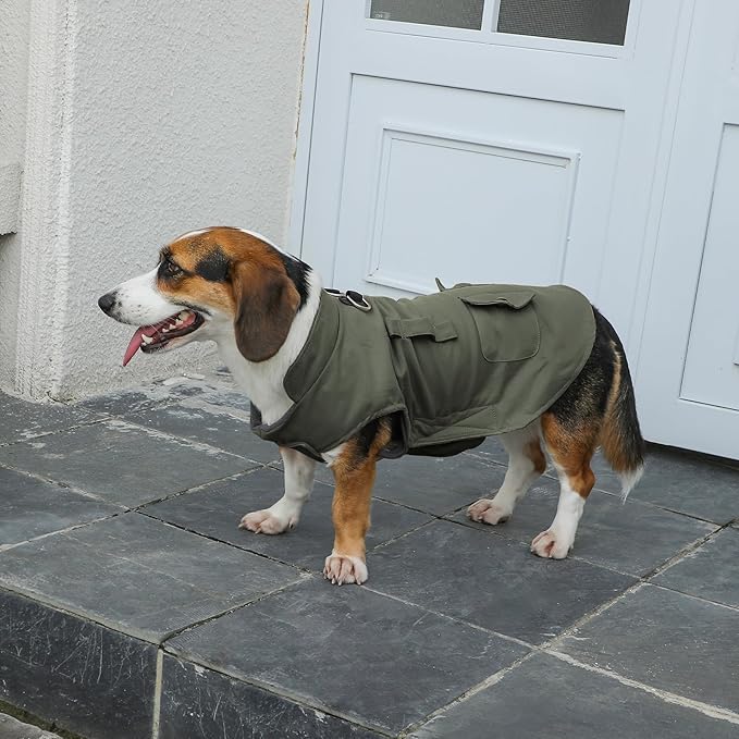 Workwear Style Dog Coats with Harness Built in for Small Dogs Windproof Warm Puppy Jacket with Storage Pockets for Cold Winter,Green XXL