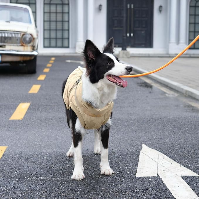 Dog Jacket with Harness,Fleece Lined Warm Puppy Coat for Winter,Soft Windproof Medium Dog Vest,Khaki XL