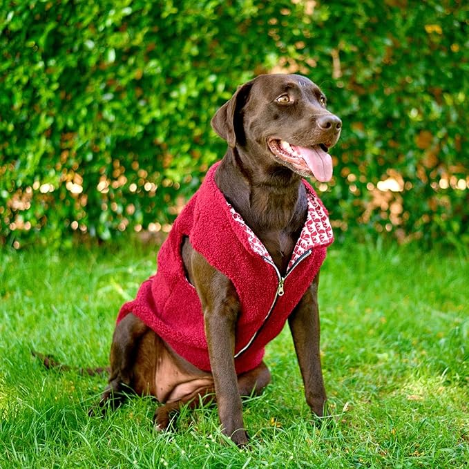 Tuff Pupper Reversible Fleece Sweater Vest for Dogs | Lightweight Comfortable Insulated Jacket | Front Zip Closure | Machine Washable | Built-in Leash Hole | Sizes for All Breeds (Medium, Red)