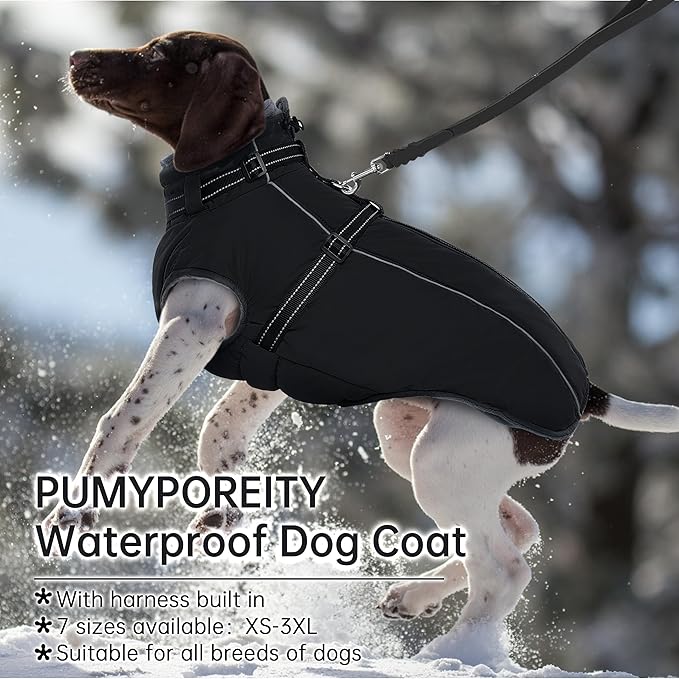 PUMYPOREITY Winter Fleece Coat for Small Dogs, Reflective Dog Jacket with Harness Built in, Waterproof Warm Coat for Dogs, Cold Weather Coats for Outdoor, Therma Windproof Pet Snowsuit, Black,XS