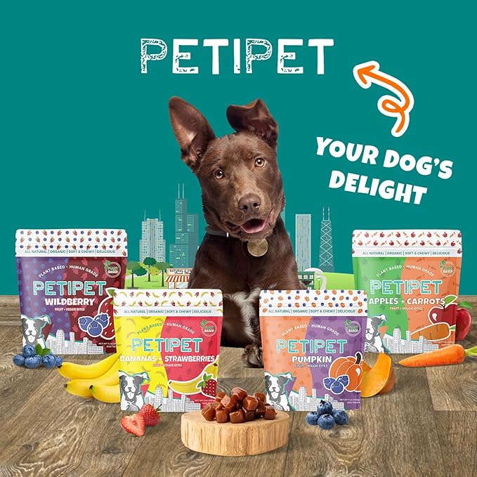 PETIPET Bananas+Strawberries Plant-Based Fruit Dog Treats - Strawberry, Apple, Banana Soft & Chewy Treats - Healthy, Vegetarian, Vegan - Organic Ingredients, Low-Protein, Hypoallergenic, Gluten-Free