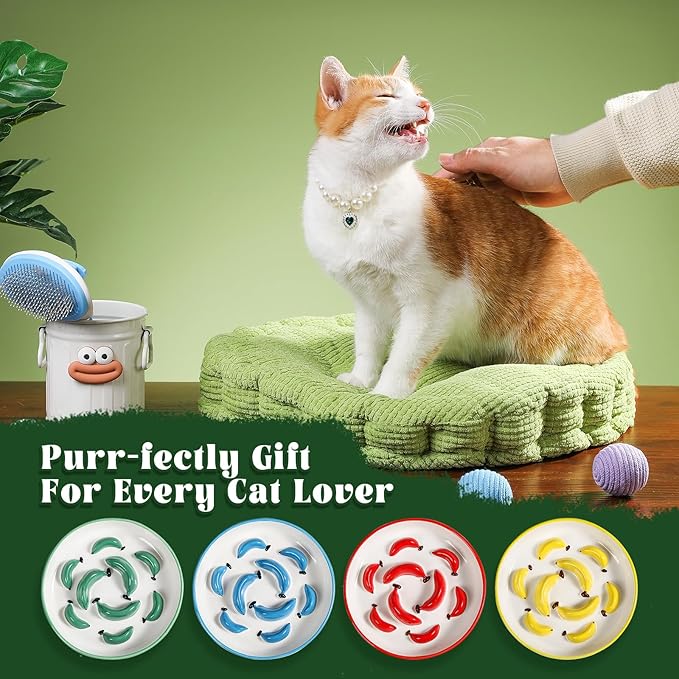 Ceramic Cat Slow Feeder Bowl - Vibrant Cat Feeding Bowl - Cute Maze Food Dish for Slow Eating - Dishwasher Safe - 6.3''W x 1.2''H - 7 OZ - Blue