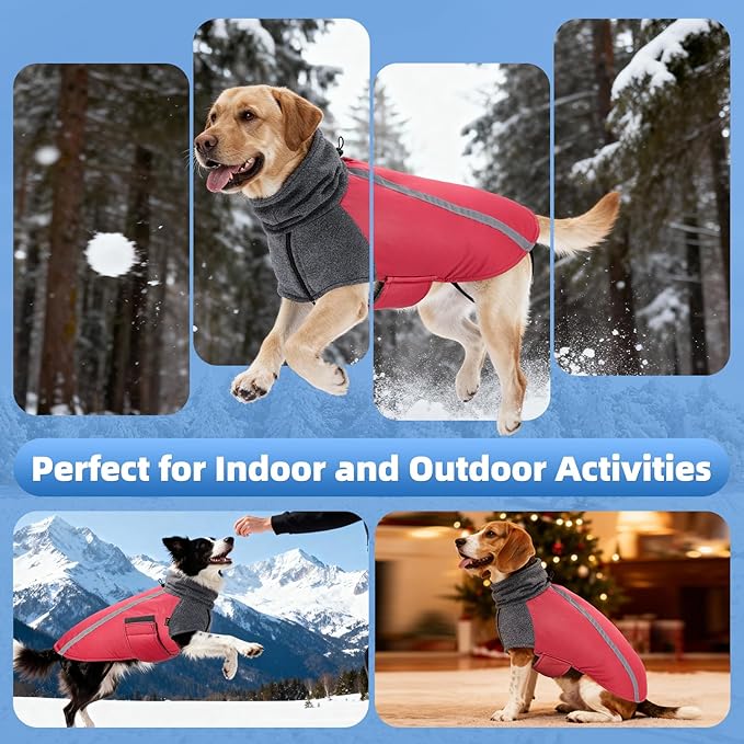 SlowTon Winter Dog Coat, Warm Polar Fleece Lining Doggie Outdoor Jacket with Turtleneck Scarf Reflective Stripe Adjustable Waterproof Windproof Puppy Vest Soft Pet Outfits (M+,Red)