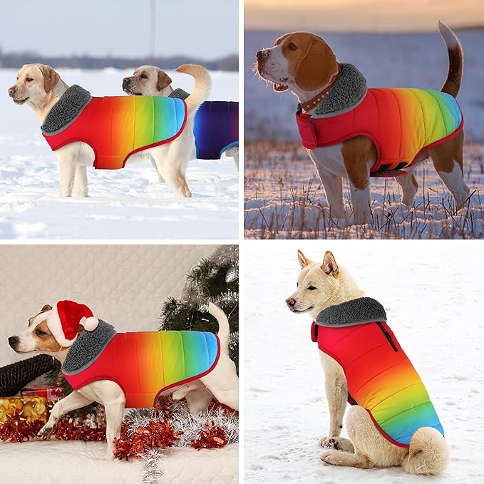 Dog Winter Coat, Waterproof Dog Jacket with Leash Hole, Reflective Adjustable Pet Snow Vest, Warm Fleece Sweater for Small Medium Large Dogs - Rainbow, XL