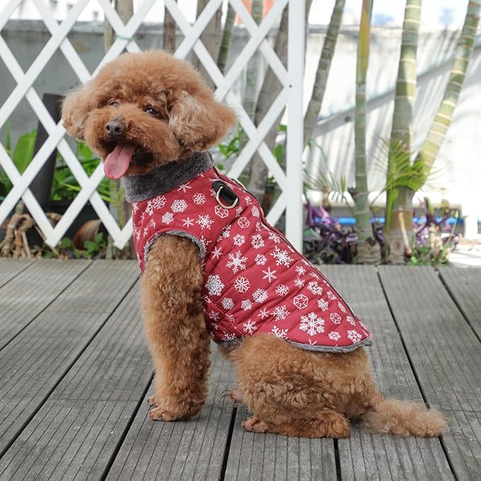 Warm Fleece Dog Coats with Durable Harness Buitl in D-Ring,Waterproof Doggie Jacket for Large Dogs,Dog Vest for Cold Winter,Red,Snow Pattern XXL