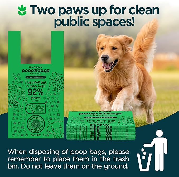 The Original Poop Bags® Tie-Handle Dog Waste Bags, 92% Plant-Based, USDA Certified, Heavy Duty, Large (240 Count (Pack of 2))