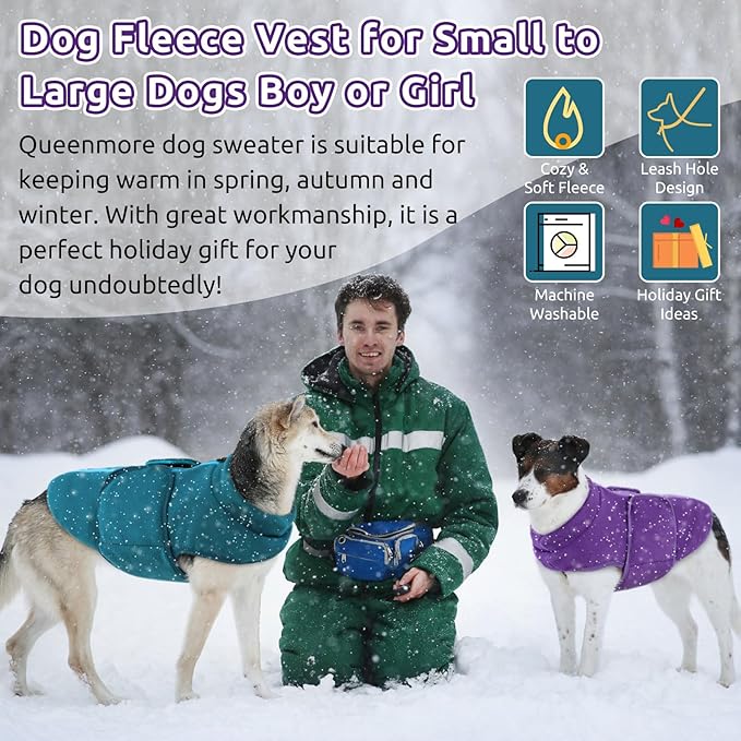 Queenmore Large Dog Sweaters, Soft Fleece Vest Pullover Dog Jacket with Leash Hole, Warm Winter Dog Clothes Cold Weather Doggy Dachshund Sweater for Large Dogs Cats Boy or Girl (Peacock-Blue, L)
