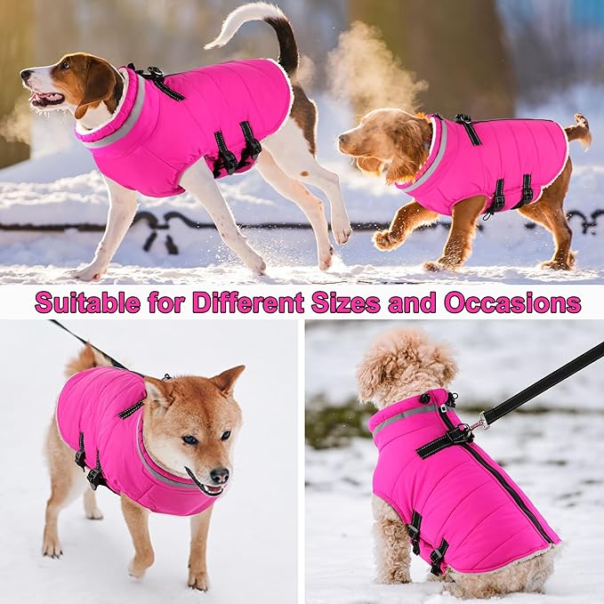 Dogcheer Dog Coat, Waterproof Dog Jacket with Harness, Reflective Adjustable Puppy Winter Coat with Zipper, Christmas Snow Jacket Clothes for Small Medium Large Dogs - Pink 2XL