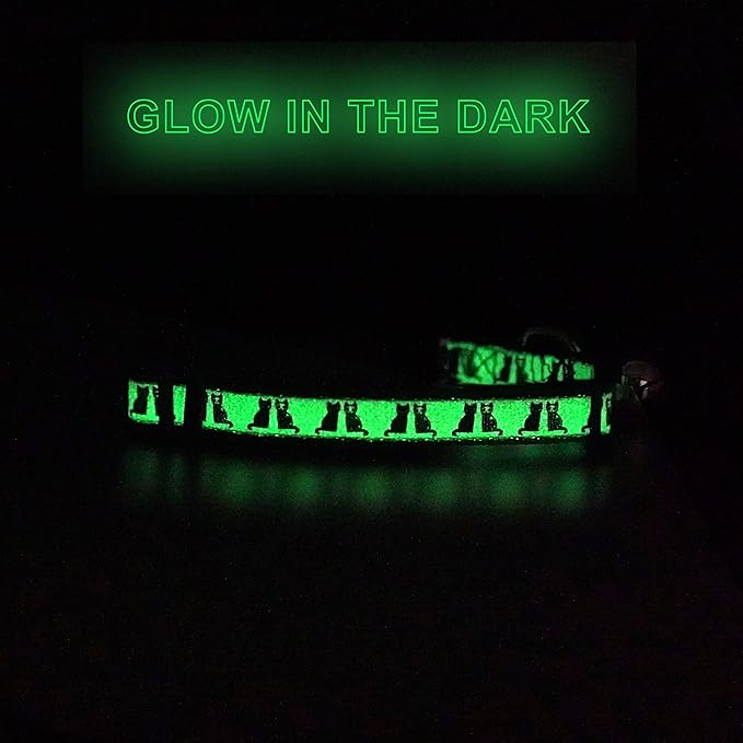 Pawtitas Halloween Cat Collars for Cats Adjustable Collar Glow in The Dark Feature and Safety Breakaway Buckle and Removable Bell to Match Your Halloween Cat's Costume - Black Cat Pattern