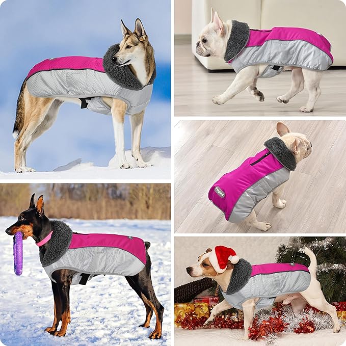 Dog Coat, Waterproof Ripstop Dog Winter Jacket with Leash Hole, Reflective Adjustable Warm Pet Fleece Snow Sweater for Small Medium Large Dogs - Rosy Red, S