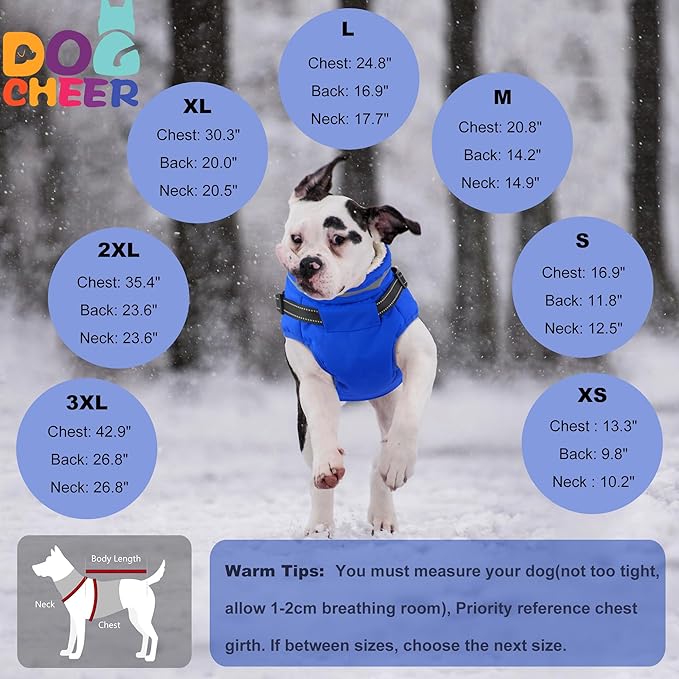 Dogcheer Dog Coat with Harness, Waterproof Warm Dog Winter Jacket with Pockets, Reflective Pet Fleece Jacket Turtleneck Snowsuit for Small Medium Large Dogs - Blue, XL