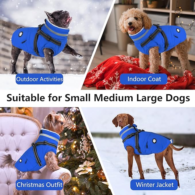 Dogcheer Dog Coat, Waterproof Dog Winter Jacket with Harness, Reflective Adjustable Doggy Cold Weather Coats, Christmas Pet Fleece Snowsuit for Small Medium Large Dogs - Blue, L