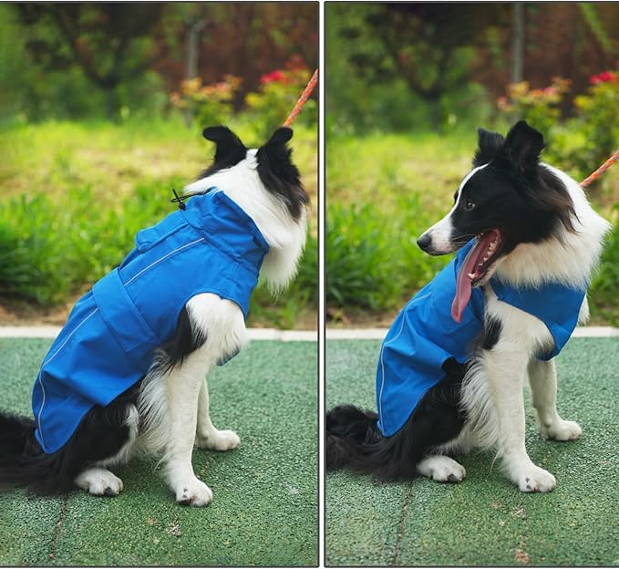 Waterproof Dog Raincoat, Adjustable Lightweight Dog Rain Jacket with Reflective Strip Leash Hole for Small Medium Large Dogs (Blue, Small(9-13lb))