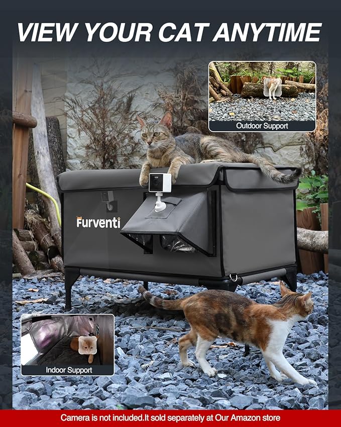Outdoor Heated Cat House in Winter,Extremely Insulated & Weatherproof,Elevated Feral Cat Shelter with Waterproof Eaves & Escape Door for Outside Stray Barn Cat (Dark Grey,S)