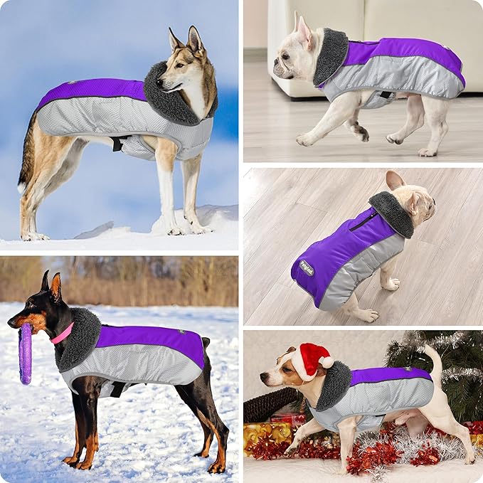 Dog Coat, Waterproof Ripstop Dog Winter Jacket with Leash Hole, Reflective Adjustable Warm Pet Fleece Snow Sweater for Small Medium Large Dogs - Purple, S