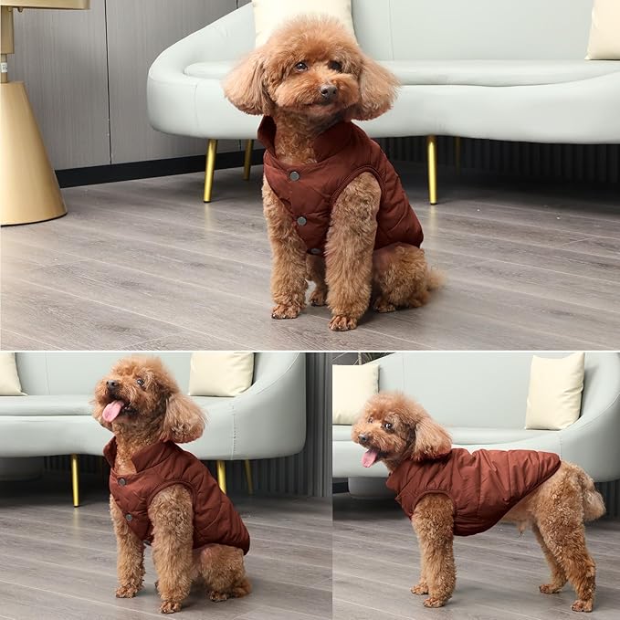 2 Layers Fleece Lined Warm Dog Jacket for Puppy Winter Cold Weather,Soft Windproof Small Dog Coat,Brown S