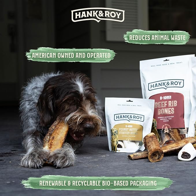 Hank & Roy All-Natural, Single-Ingredient 8-10” Beef Rib Bones for Dogs, Long Lasting, Engaging Dog Bones, Individually Wrapped for Odor Control and Freshness
