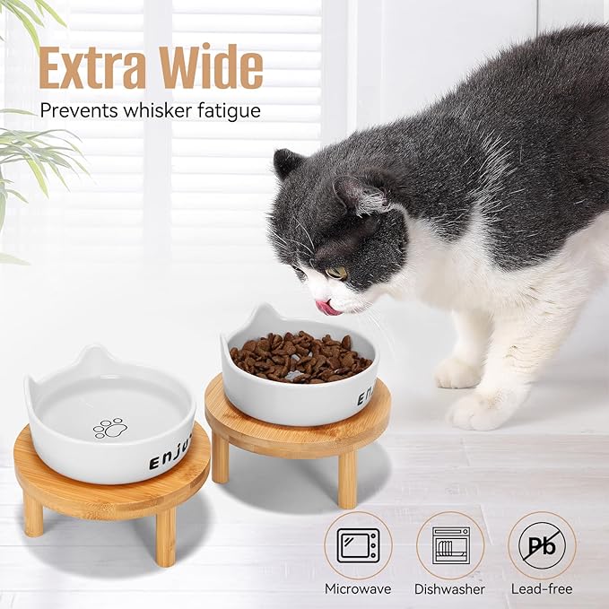3PCS Elevated Cat Bowls,Wide Raised Ceramic Pet Dishes with Bamboo Stand, Whisker Friendly Pet Water or Food Plates Feeding Station for Indoor Small Dogs, Kitten (Black(2PCS))