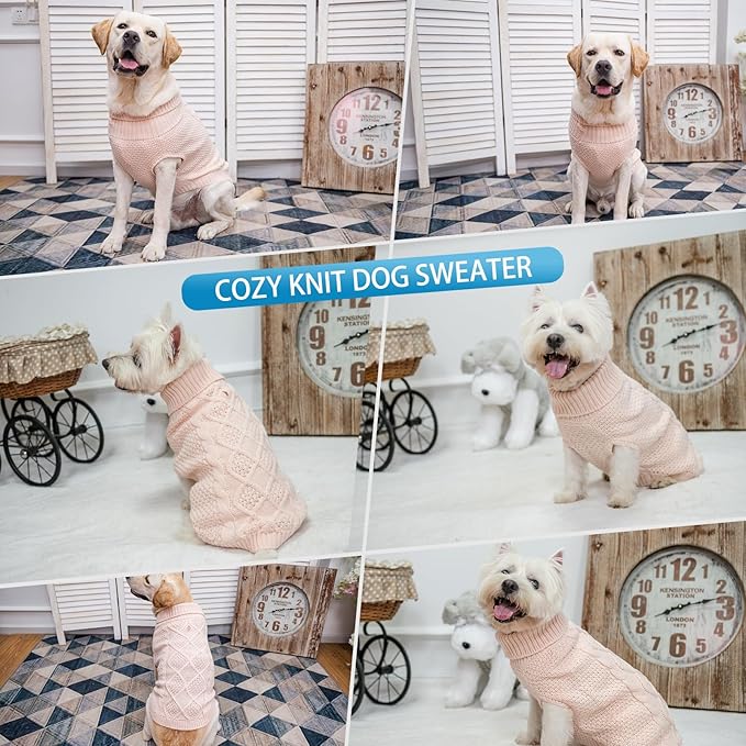 Mihachi Turtleneck Dog Sweater - Winter Coat Apparel Classic Cable Knit Clothes with Leash Hole for Cold Weather, Ideal Gift for Pet in New Year Rosy Medium