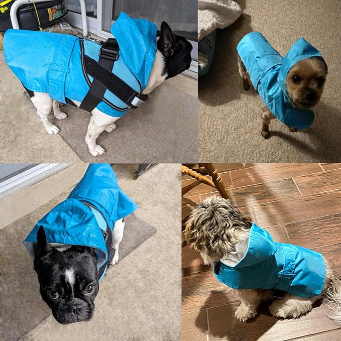Dog Raincoat Dog Rain Jacket Poncho Waterproof Pet Rain Suit Double Layer Breathable Lining Hooded Leash Hole Adjustable Puppy Small Medium Dogs,Blue,L