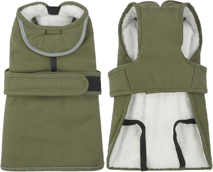 Kuoser Canvas Dog Coat, Warm Dog Jacket Reflective Fleece Pet Cold Weather Coat, Warm Doggie Clothes Waterproof Winter Vest with Zipper Leash Hole for Small Medium Large Dogs, Army Green S