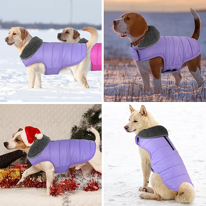 Dog Winter Coat, Waterproof Dog Jacket with Leash Hole, Reflective Adjustable Pet Snow Vest, Warm Fleece Sweater for Small Medium Large Dogs - Light Purple, L