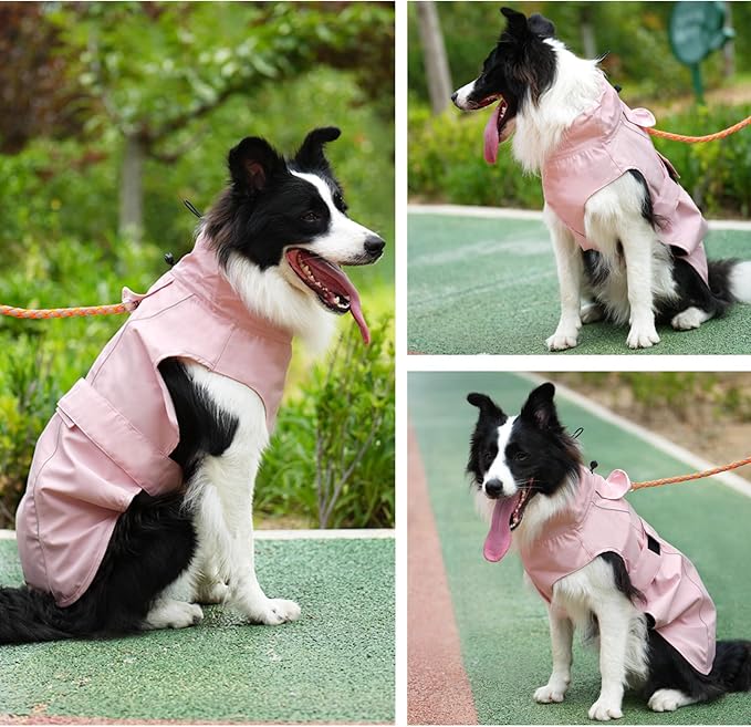 Waterproof Dog Raincoat, Adjustable Lightweight Dog Rain Jacket with Reflective Strip Leash Hole for Small Medium Large Dogs (Pink, 3X-Large(77-94lb))