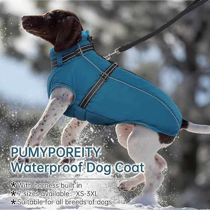 PUMYPOREITY Winter Fleece Coat for Small Dogs, Reflective Dog Jacket with Harness Built in, Waterproof Warm Coat for Dogs, Cold Weather Coats for Outdoor, Therma Windproof Pet Snowsuit, Blue,XS