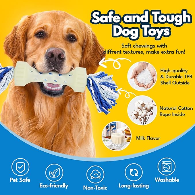 Indestructible Dog Rope Toy for Aggressive Chewers | Glow-in-The-Dark Tug of War Toy for Medium/Large Breeds | Durable TPR & Cotton Rope Chew Teething Fetch Toy