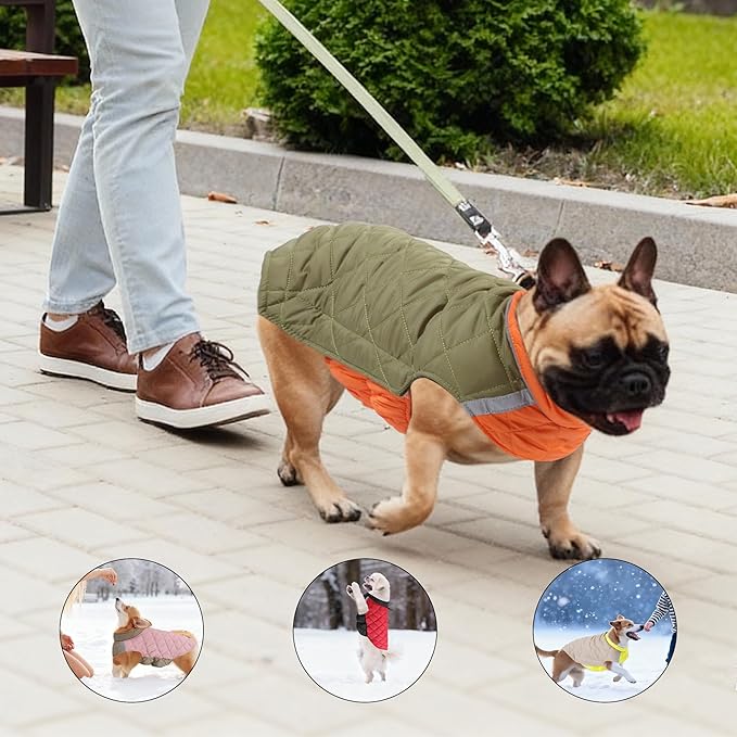 Quilted Dog Winter Coat, Plaid Lined Reversible Vest, Reflective Safety Strip, Cold Weather Pet Apparel Army Green XXS