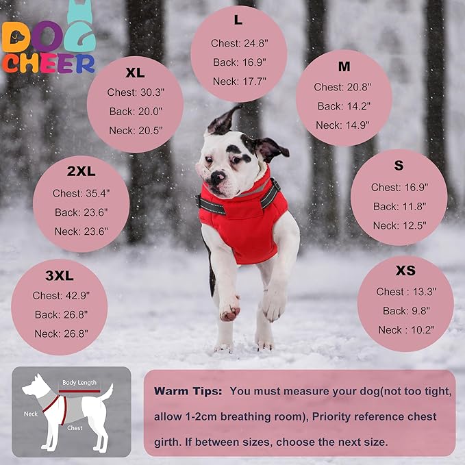 Dogcheer Dog Coat with Harness, Waterproof Warm Dog Winter Jacket with Pockets, Reflective Pet Fleece Jacket Turtleneck Snowsuit for Small Medium Large Dogs - Red, XS