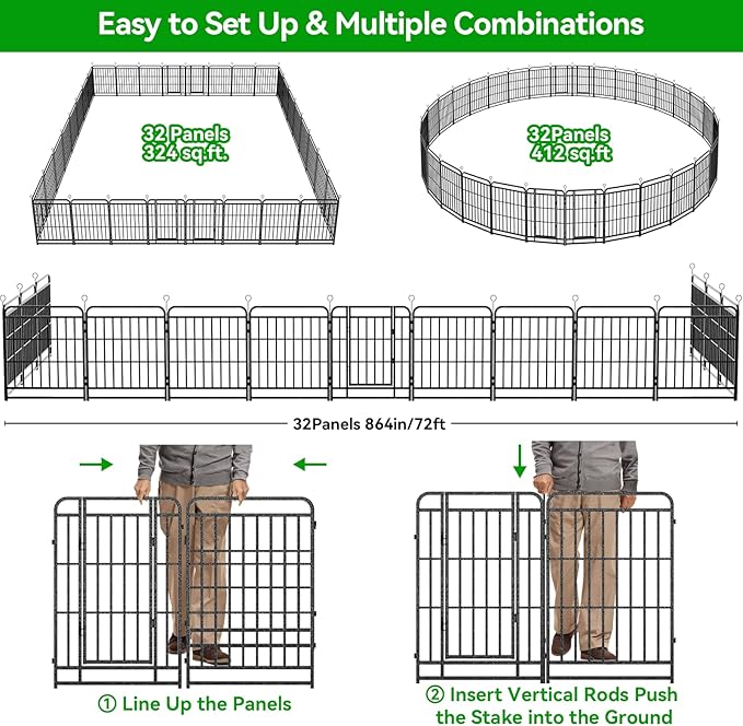 Square Steel Pipe Dog Fence Outdoor 32 Piece Panels 47" Height Anti-Rust Heavy Duty Dog Playpen with Doors Portable for Yard RV Camping, Total 71FT, 406 Sq.ft, Snowy Black