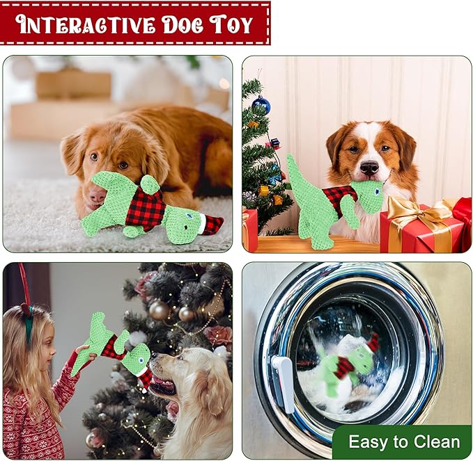 Christmas Dog Toys, Plush Stuffed Green Dinosaur Animals Toy, Squeaky Dog for Small Dogs, Interactive Dog Toys for Tug-of-War