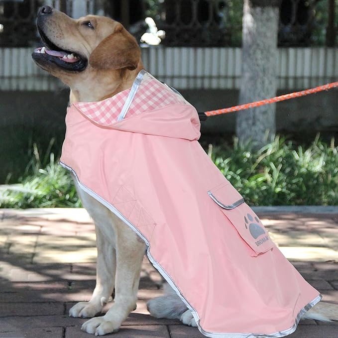 MAMORE Dog Raincoat Reversible,Waterproof Dog Rain Coat Hooded Slicker Poncho with Reflective Strip, Plaid Double Layer Rain Jacket for Small Medium Large Dogs (Pink, XX-Large)