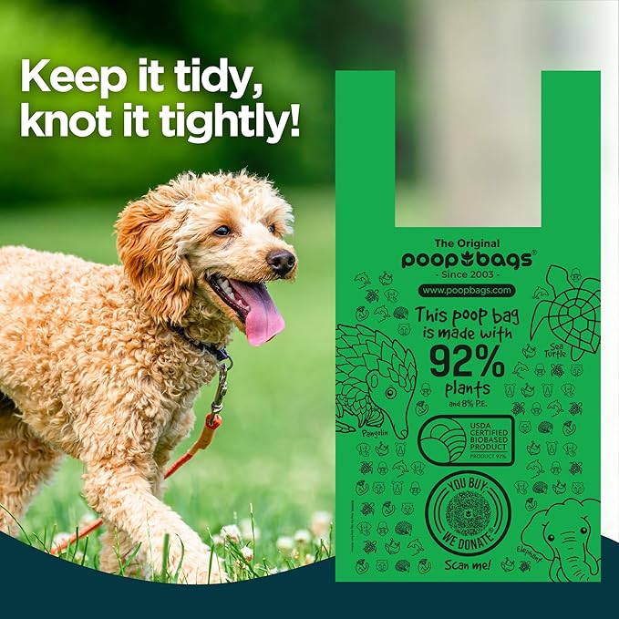 The Original Poop Bags® Tie-Handle Dog Waste Bags, 92% Plant-Based, USDA Certified, Heavy Duty, Large (120 Count (Pack of 1))