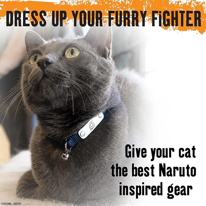 Naruto Breakaway Cat Collars for Girl & Boy Cats | Officially Licensed Naruto Shippuden Hidden Leaf Village Pet Accessories & Gifts, (8.5” to12”) Adjustable Cute Kitten Collar with Bell (Navy, Ninja)